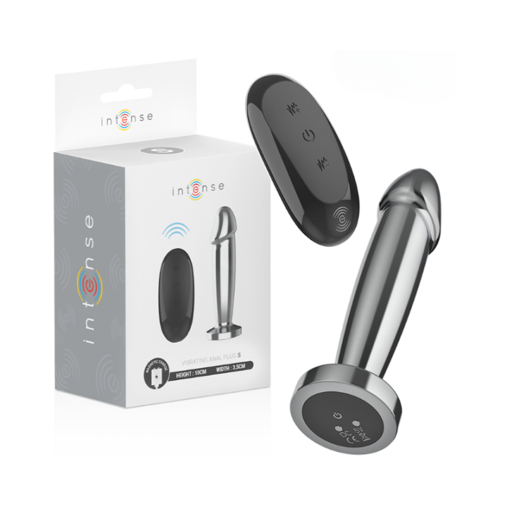 Plug anal con forma de Dildo y control remoto de Intense en su caja y con su mando