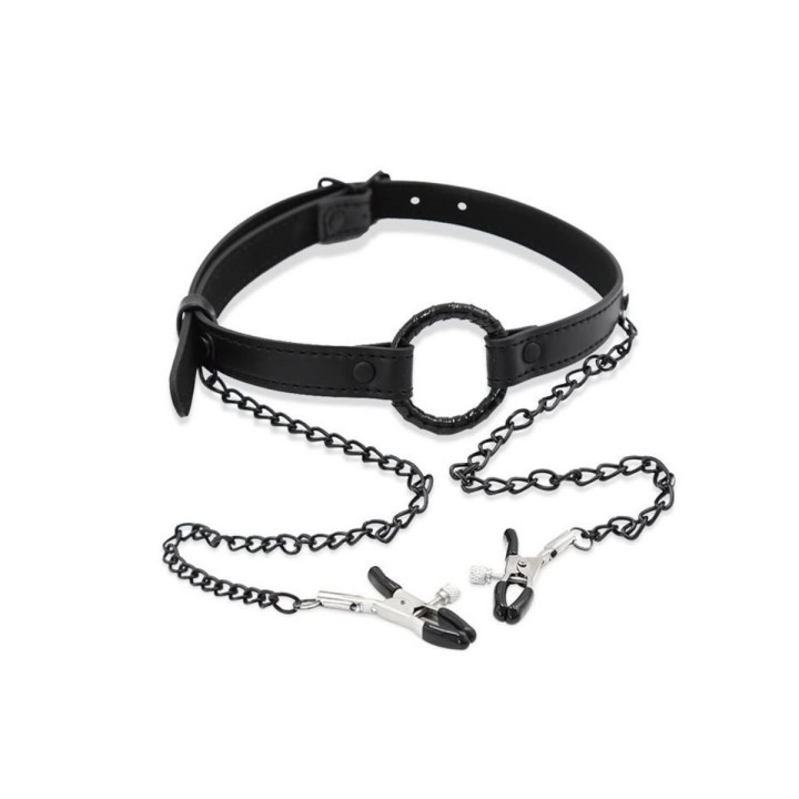 Mordaza de aro con pinzas para pezones IntoYou Black Shadow, diseño erótico y elegante.