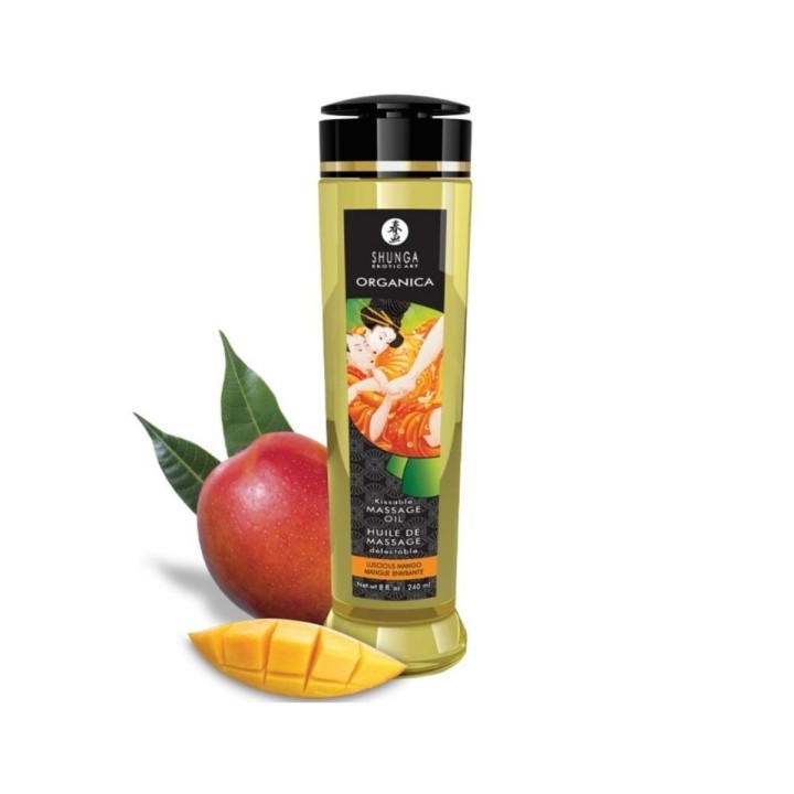 Aceite orgánico Shunga Mango 240 ml con aroma tropical.