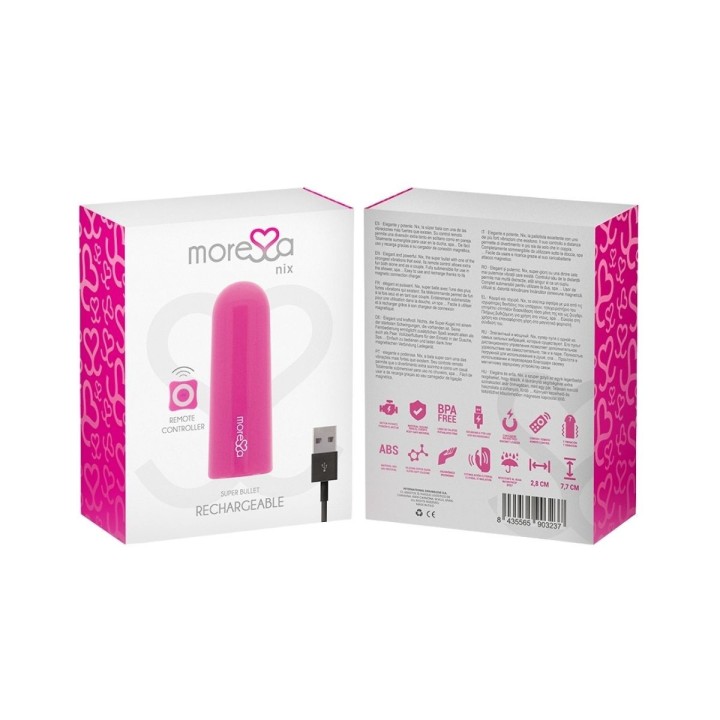 Packaging de la bala Nix Moressa, presentación moderna y sofisticada.