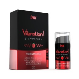 Gel vibrador líquido INTT sabor fresa 15 ml, efecto calor y vibración con aroma dulce para experiencias intensas y placenteras.