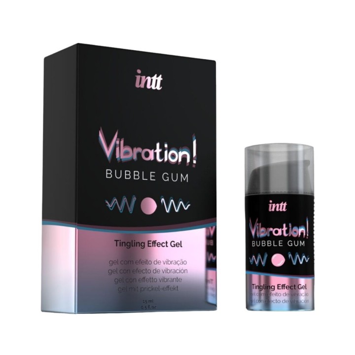 Gel vibrador líquido INTT sabor chicle 15 ml, efecto calor y vibración con aroma dulce y estimulante.