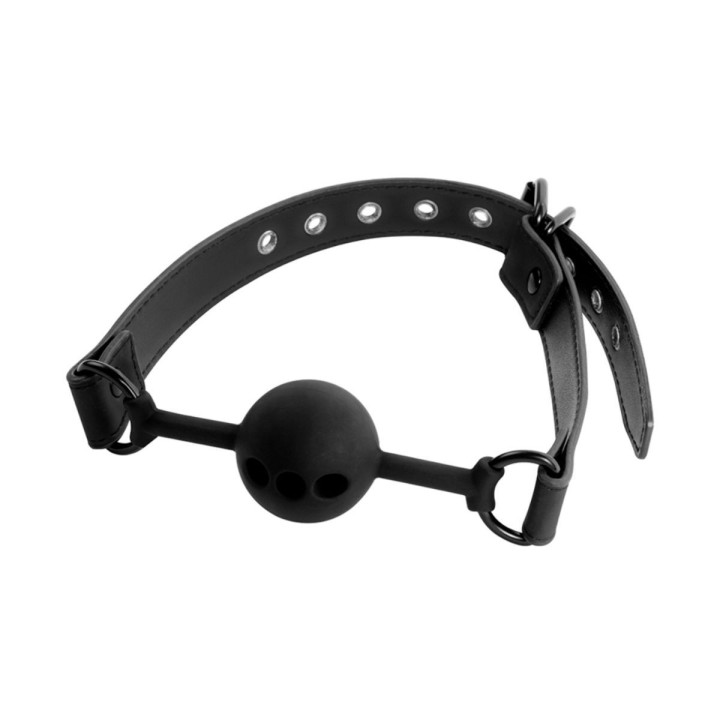 Vista completa de la mordaza de bola transpirable y su estructura ajustable.