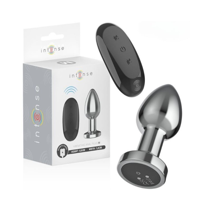 Plug anal metálico vibrador Intense talla M, diseño elegante y potente con control remoto.