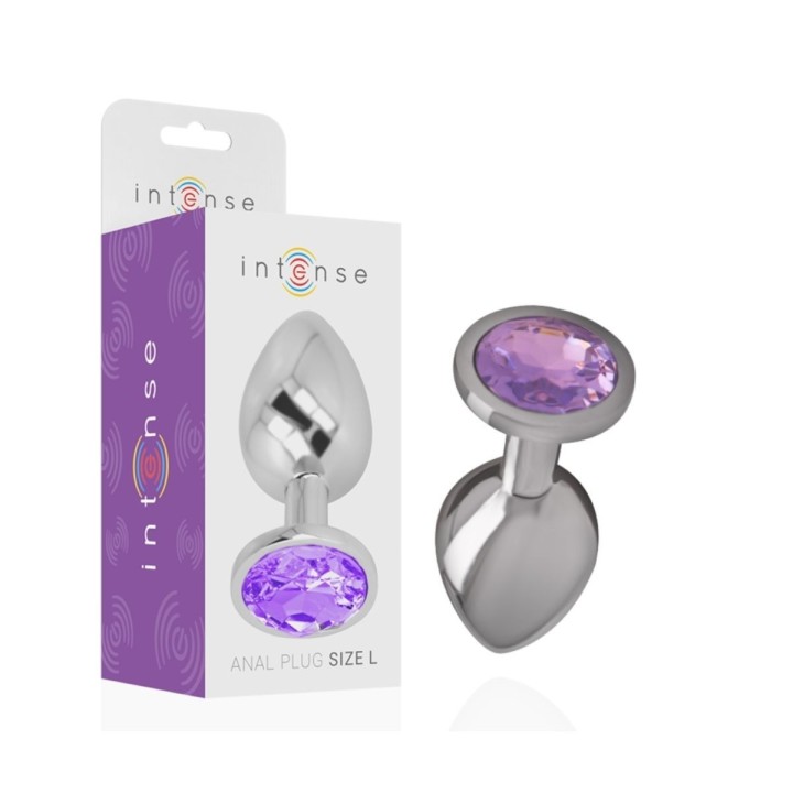 Vista frontal del plug anal Intense con cristal violeta, brillo y estilo inconfundible.