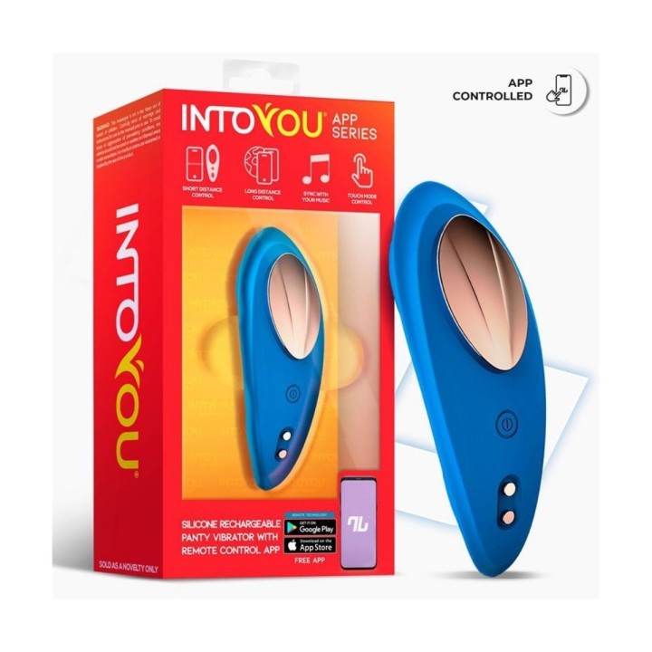 Packaging del vibrador Intoyou azul con App.