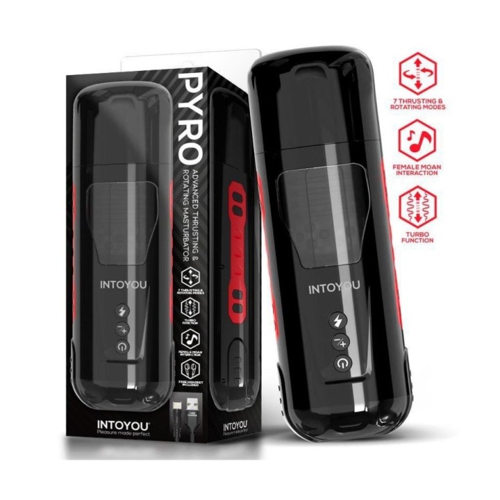 Masturbador Intoyou Pyro, vista principal del diseño avanzado con rotación y gemidos realistas.
