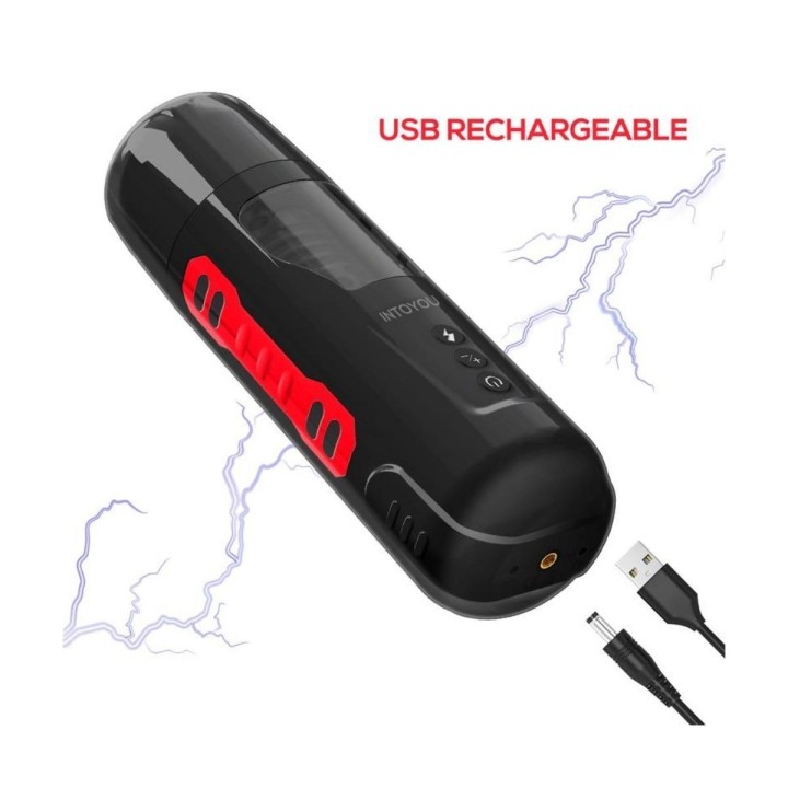 Detalle del cargador USB del masturbador Pyro, dispositivo recargable y práctico.