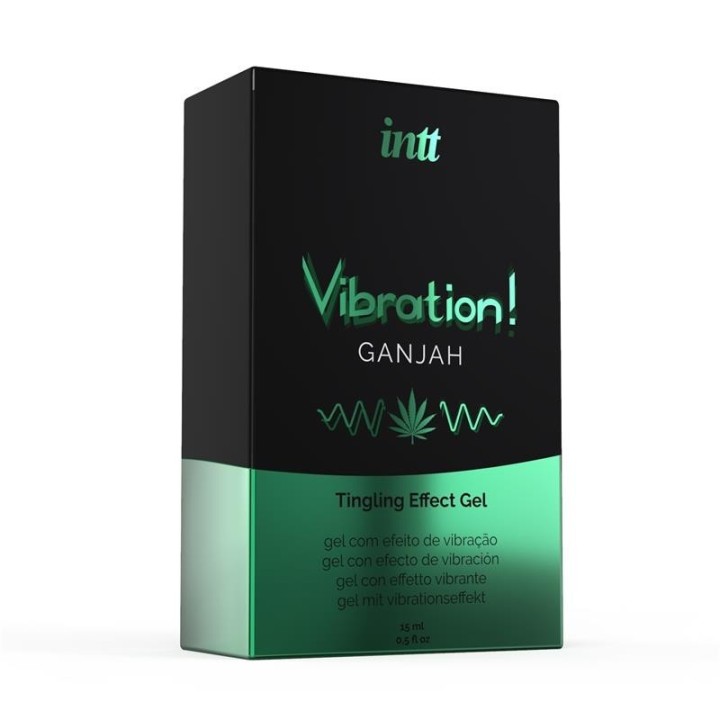Packaging de INTT Ganjah 15 ml, gel estimulante con efecto calor y vibración.