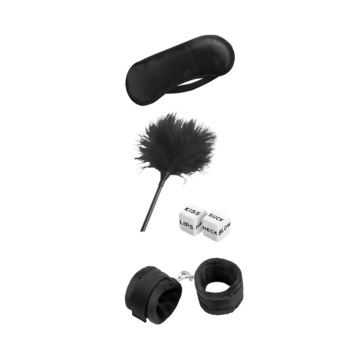 Vista general del Set Intoyou Starters con antifaz, esposas, plumero y dados.