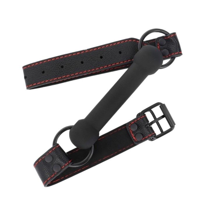 Mordaza con forma de hueso KINK abierta, detalle de silicona y hebilla