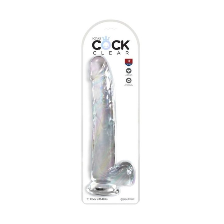 Packaging del dildo transparente King Cock Clear con testículos – vista en blister