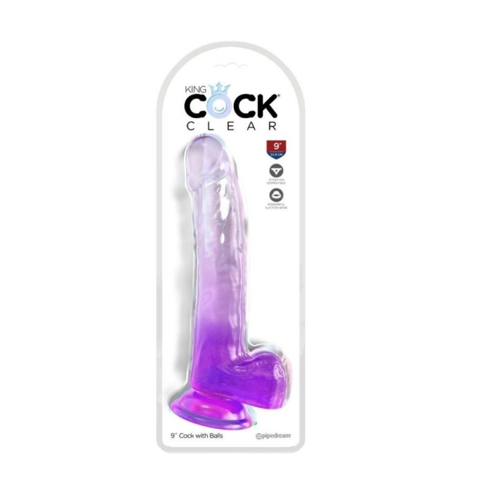 Packaging del dildo King Cock Clear morado con testículos – vista en blister