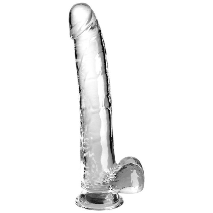 Dildo King Cock Clear con testículos transparente – vista frontal y ventosa
