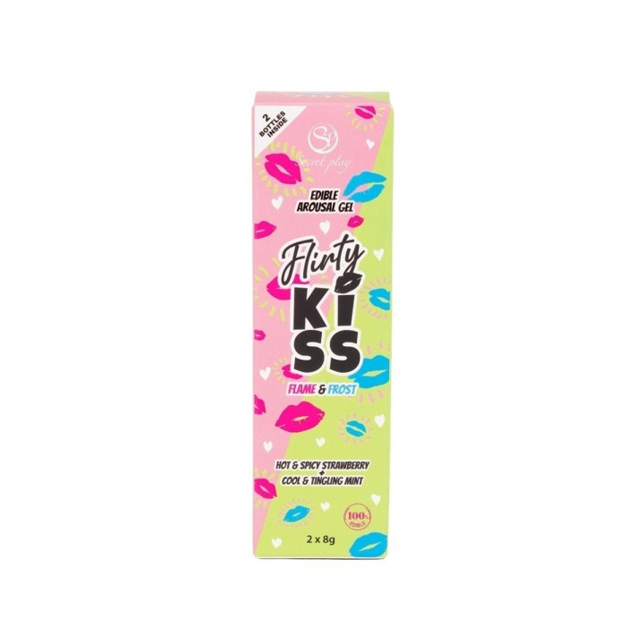 Packaging completo de Flirty Kiss Secret Play, dos geles efecto sexo oral de fresa y menta.