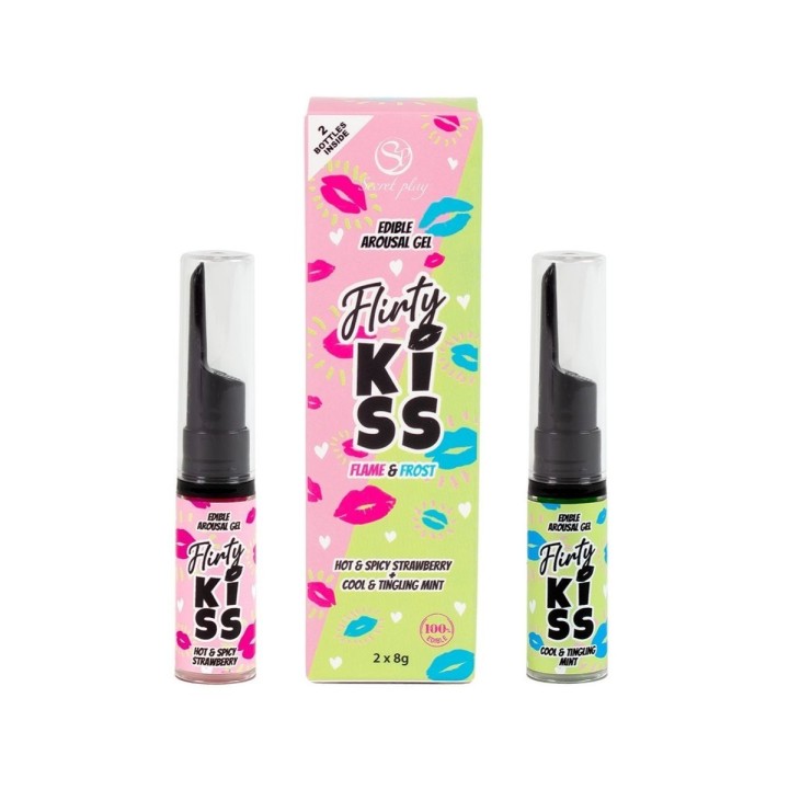 Set de geles efecto sexo oral Flirty Kiss de Secret Play, sabores fresa y menta en presentación conjunta.