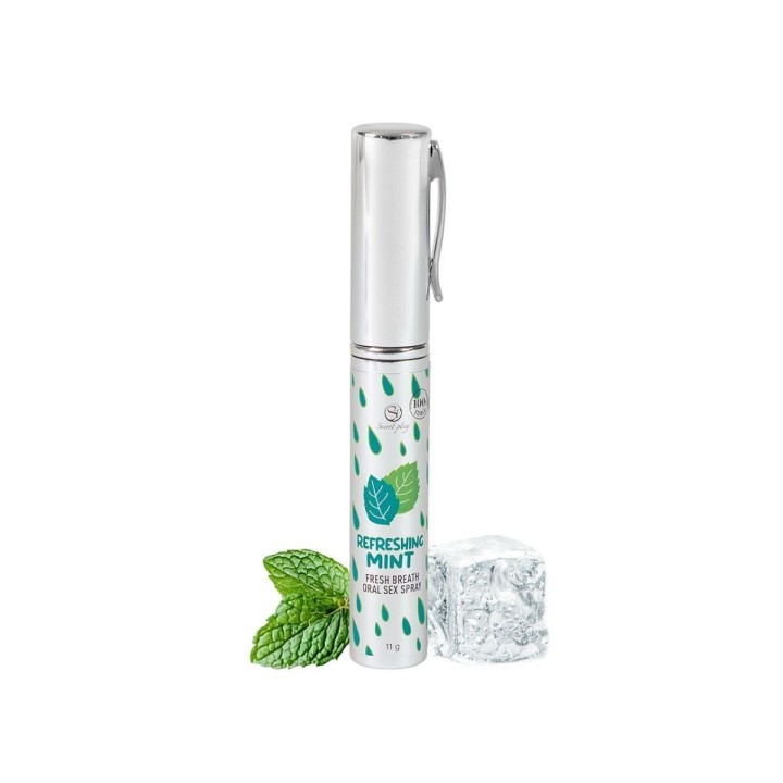 Spray Boca Húmeda menta junto a hielo y hierbabuena, ideal para un sexo oral fresco y estimulante.
