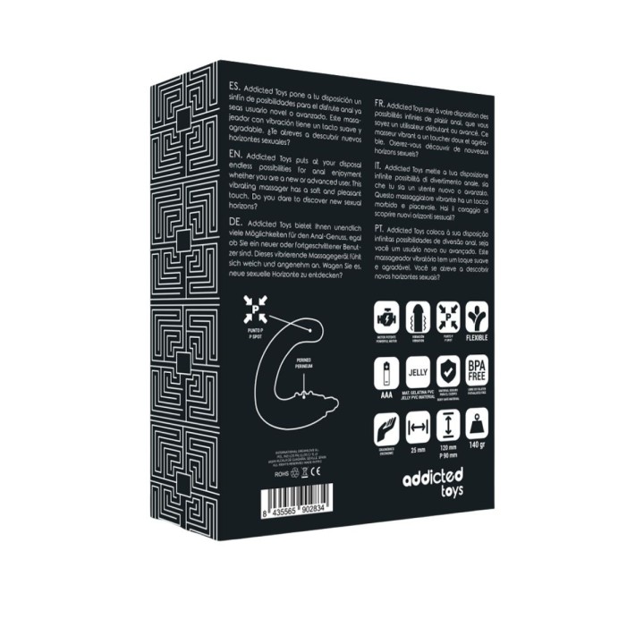 Vista trasera del packaging del masajeador anal con vibración ADDICTED TOYS.