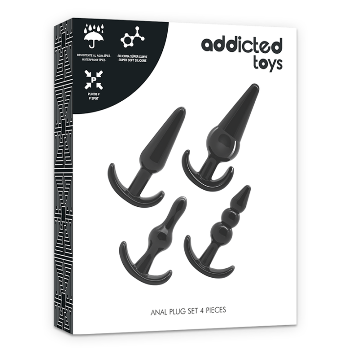 Packaging frontal del set de 4 plugs anales cónicos ADDICTED TOYS.