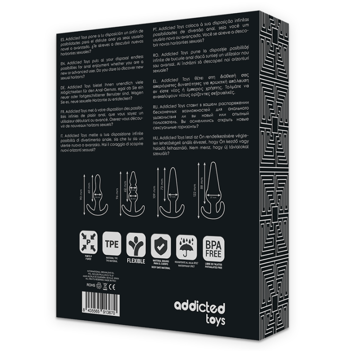 Vista trasera del packaging del set de plugs anales cónicos ADDICTED TOYS.