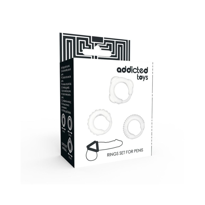 Packaging frontal del set de 3 anillos de silicona blanca ADDICTED TOYS.