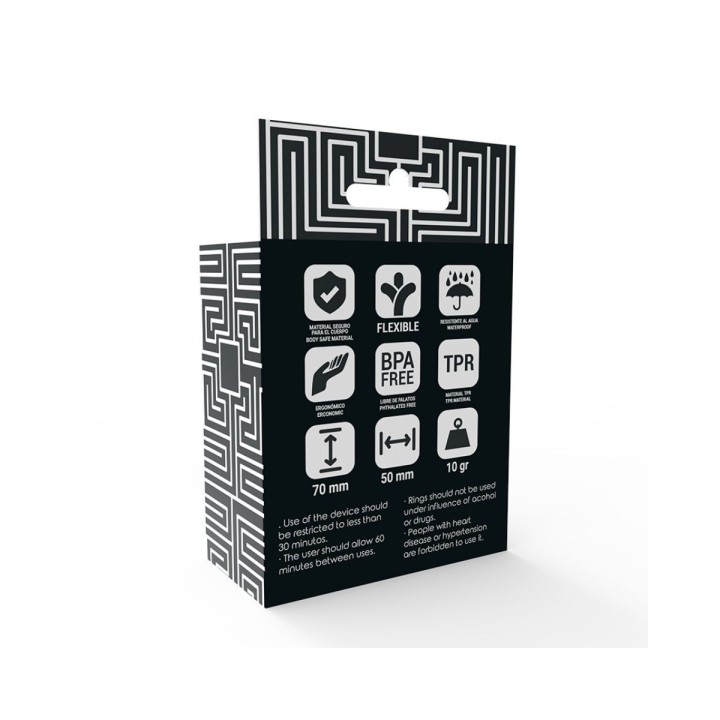 Vista trasera del packaging del anillo doble para pene y testículos ADDICTED TOYS.