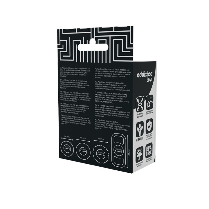 Vista trasera del packaging del set de anillos ADDICTED TOYS.