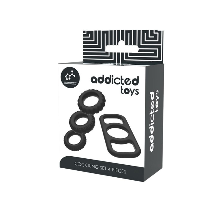 Packaging frontal del set de 4 anillos de silicona ADDICTED TOYS.
