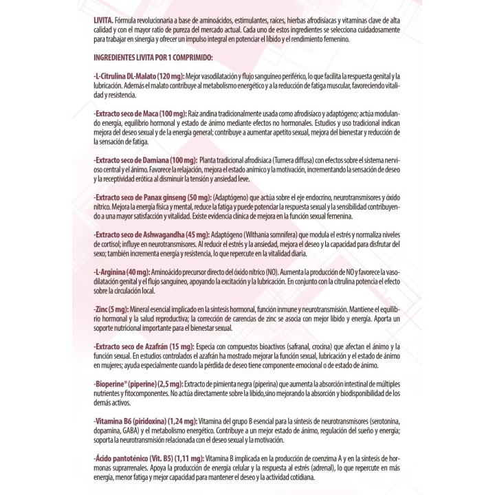 Detalle de ingredientes y composición de Livita Woman.