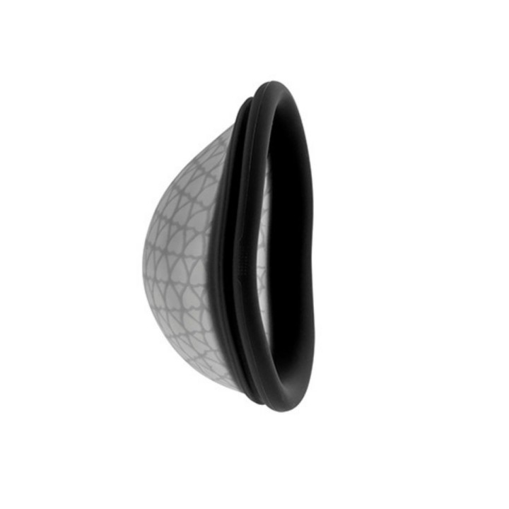 Perfil del Disco menstrual de Femme République, borde con anilla flexible / rígida y saco que retención del flujo.