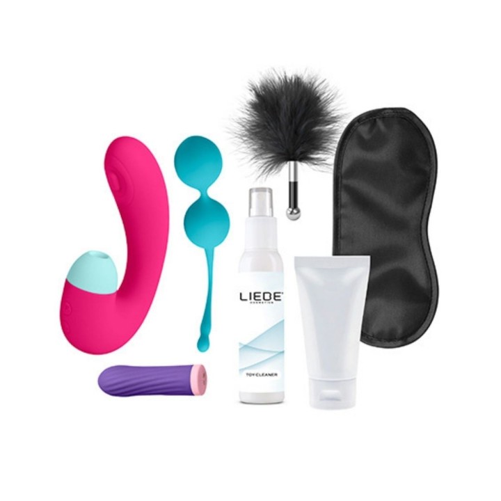 Vista del contenido del Pleasure Kit Mix amantes del juego, cosmética, bdsm, muy completo.