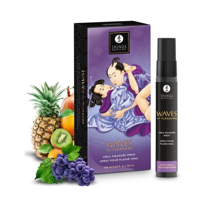 Packaging con envase y presentación del Pleasure Waves Oral seductor Frutas Exóticas 20 ml