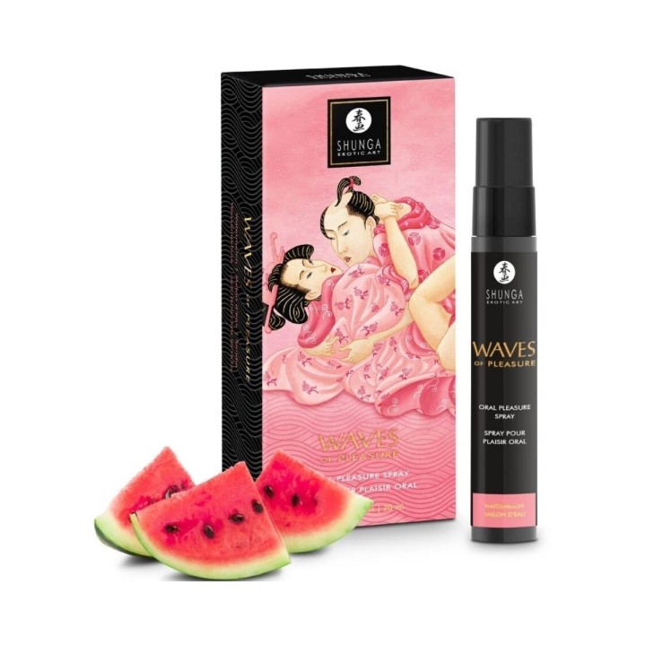 Packaging con envase y presentación del Pleasure Waves Oral seductor Sandía 20 ml