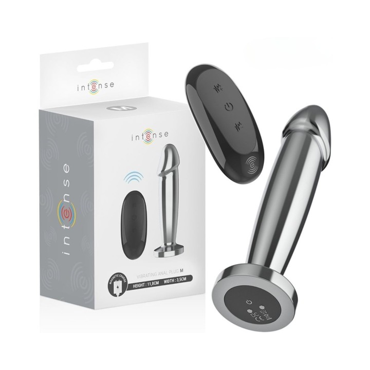 Plug anal con forma de Dildo y control remoto de Intense en su caja y con su mando