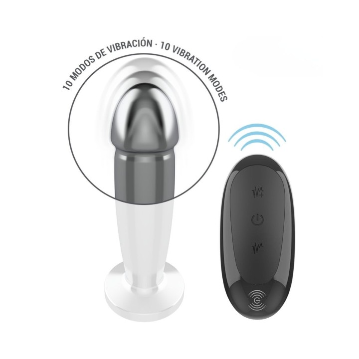 Imagen de la vibración del plug con forma de dildo y su mando con efecto