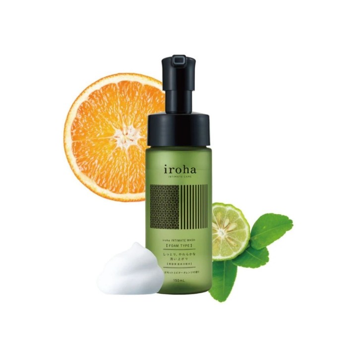 Envase de la espuma de limpieza íntima de Iroha con bergamota y naranja amarga y su frasco de 150 ml.
