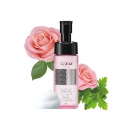 Envase de la espuma de limpieza íntima de Iroha con rosa de damasco y geranios y su frasco de 150 ml.