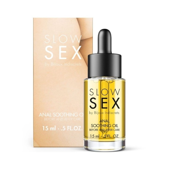 Packaging del aceite anal calmante, de la línea Slow Sex de Bijoux