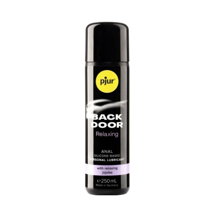 Formato de 250 ml del Lubricante base silicona Back Door, especial sexo anal con relajante jojoba, de P´jur.