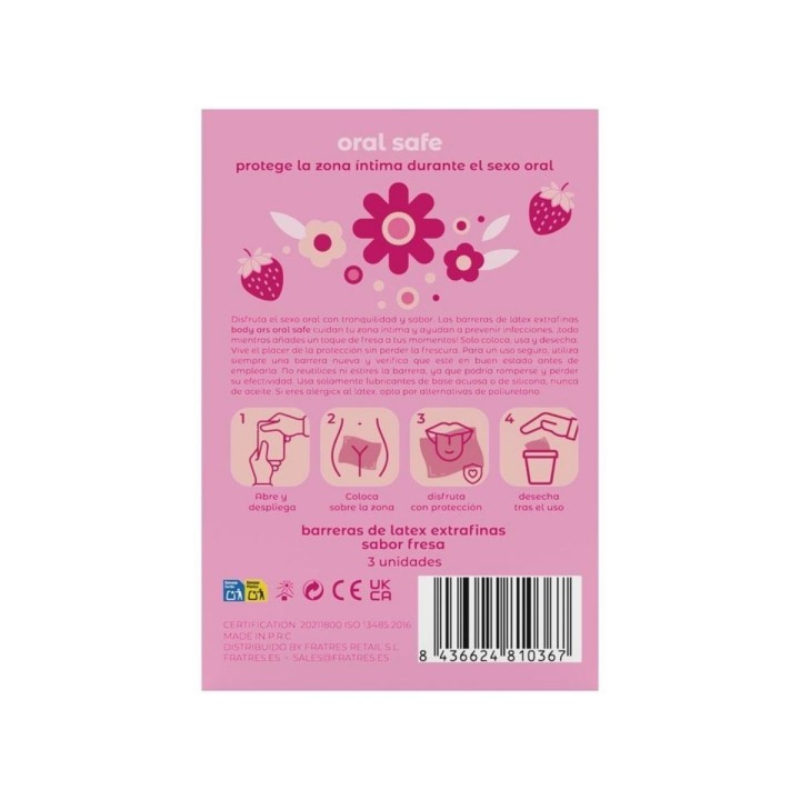 Reverso del packaging de las barreras orales de BodyArs