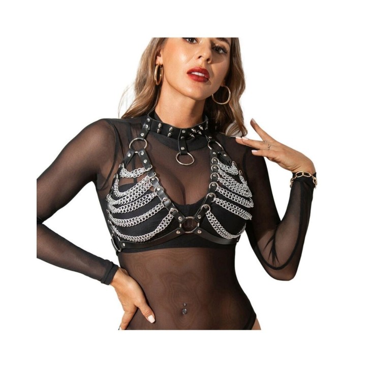 Exquisito sujetador con collar de cueron con cadenas, talla única y regulable, de Subblime