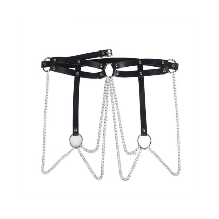 Patrón completo del Cinturon de cadenas con cuero negro con anillas y cadenas colgantes de Subblime