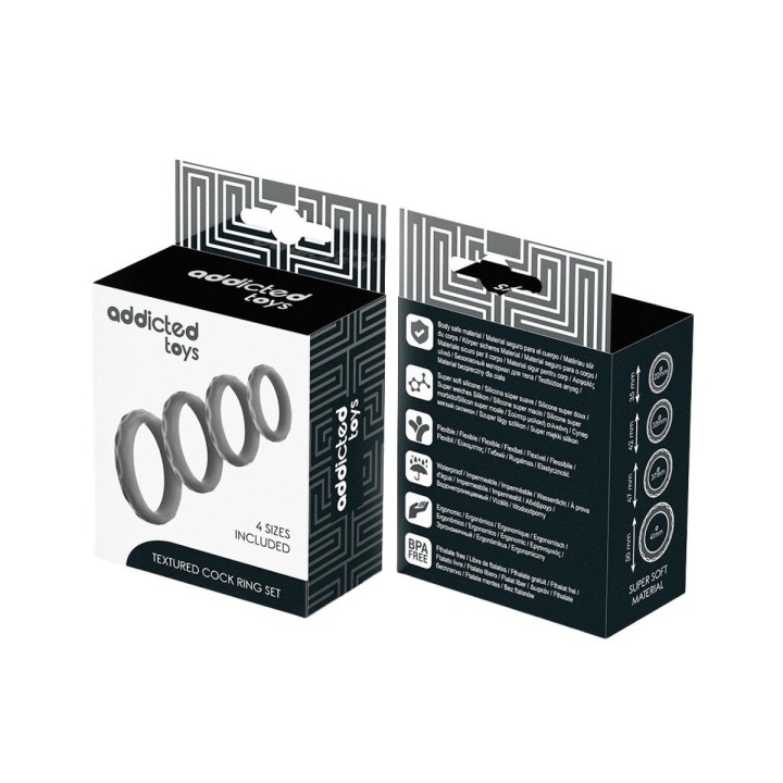 Packaging oficial de Addicter Toys con los Anillos texturizados de 4 tamaños diferentes