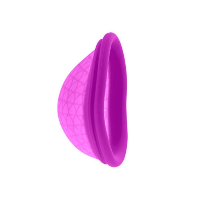 Perfil del Disco menstrual de Femme République, borde con anilla flexible / rígida y saco que retención del flujo.