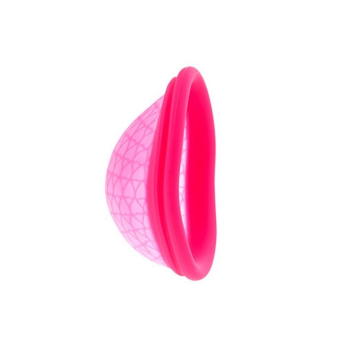 Perfil del Disco menstrual de Femme République, borde con anilla flexible / rígida y saco que retención del flujo.