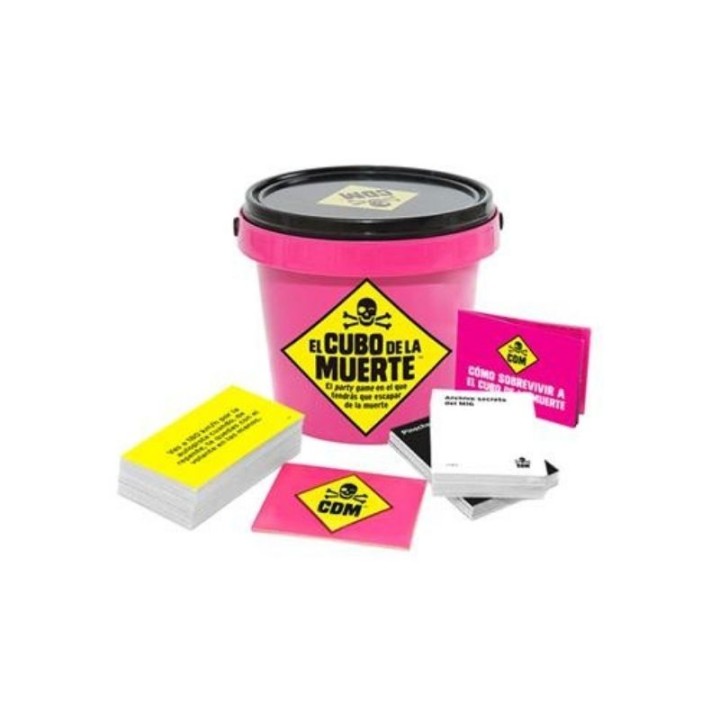 Contenido del Cubo de la Muerte de Asmodee, 140 cartas de objeto, 70 de fatalidad y 1 libreto de reglas.