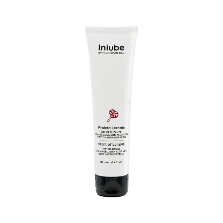 Envase del lubricante con sabor a Piruleta corazón 100 ml de la serie Inlube de Nuei Cosmetic