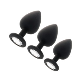 Presentación de la familia de plugs Shelki , de silicona negra y joya cristal en su acabado