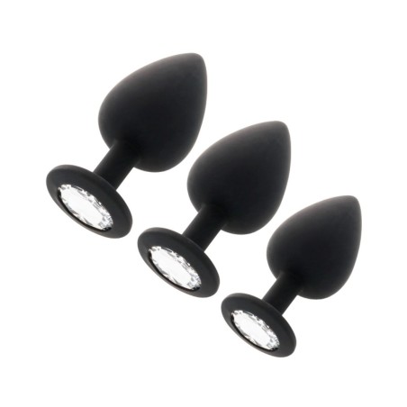 Presentación de la familia de plugs Shelki , de silicona negra y joya cristal en su acabado