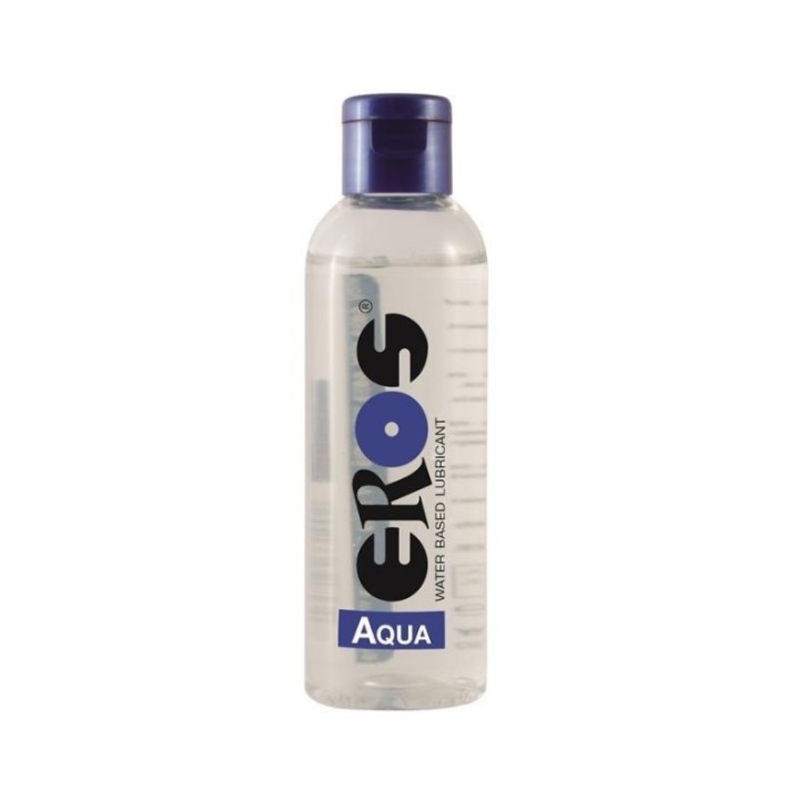 Envase de botella de 100 ml del Lubricante Eros Aqua neutro, sin glicerina, ideal para pieles sensibles.